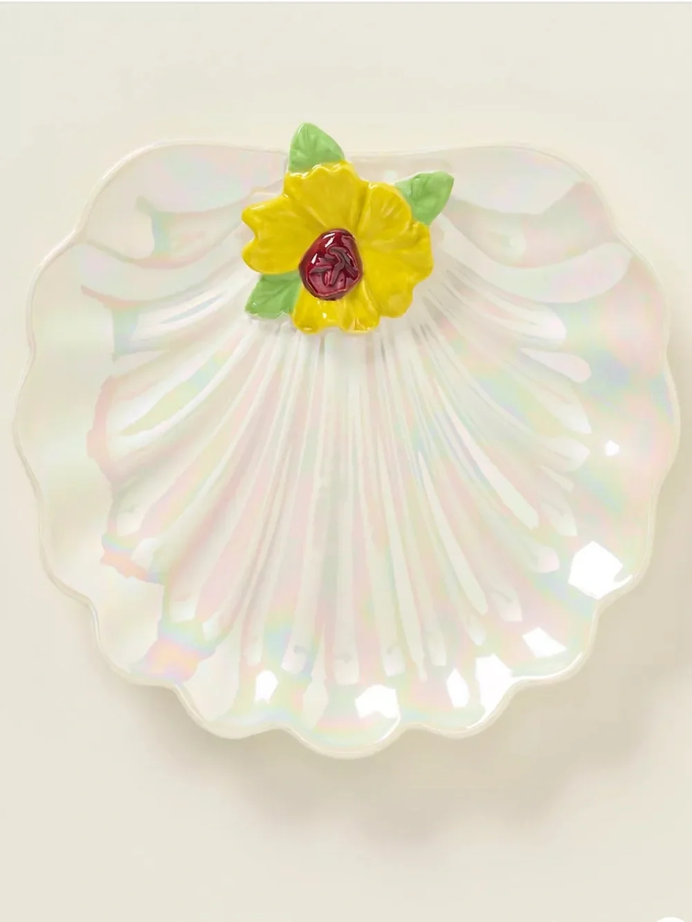 Anthropologie Sirena Stoneware Oyster Shell Yellow Floral Plate or Trinket Tray